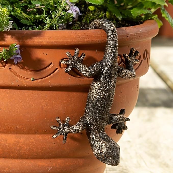 Vintage Bronze Gecko Planter Pot Hugger Flower Figurine – Resin Climbing Lizard by Unknown