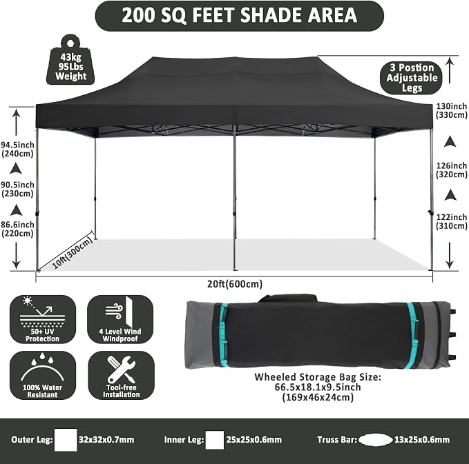 COBIZI 10x20 Pop Up Canopy Without Sidewall, Heavy Duty Canopy UPF 50+ All - Image 4