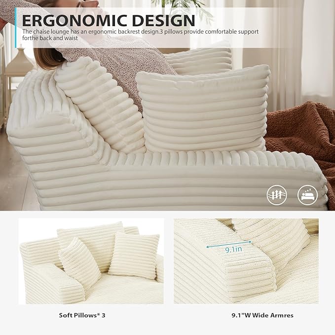 67 Inch Chaise Lounge Chair Indoor, Oversized Corduroy Upholstered Boneless - Image 6