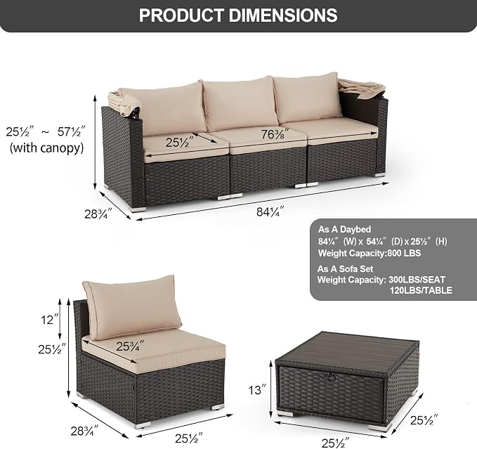 Vicluke 6 Pieces Patio Furniture Sets Outdoor Sectional Sofa Set Rattan Daybed - Image 6