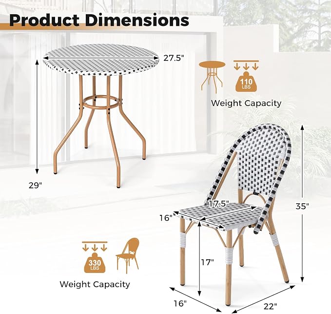 Tangkula 3 Piece French Bistro Table Chair Set, Outdoor Wicker Round Table & 2 - Image 4