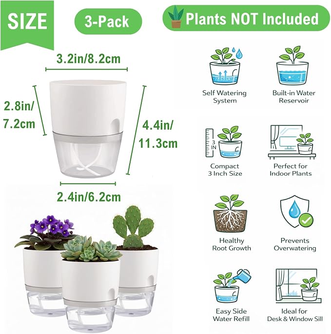 3.2 Inch Self Watering Planters Plastic Planter Pots 3 Pack Wicking Flower Pots - Image 2