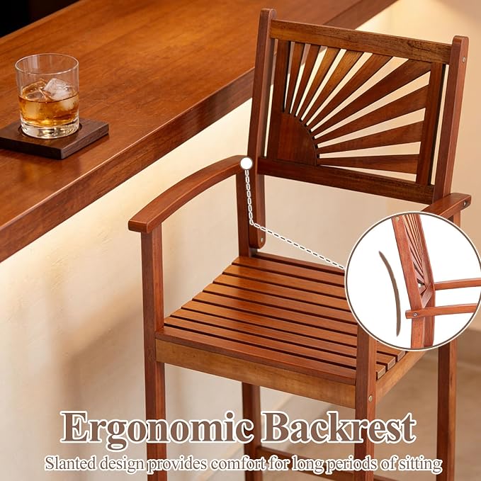 COSTWAY Outdoor Bar Chairs Set of 2, Armrest and Footrest, Patio High Top Chairs - Image 7