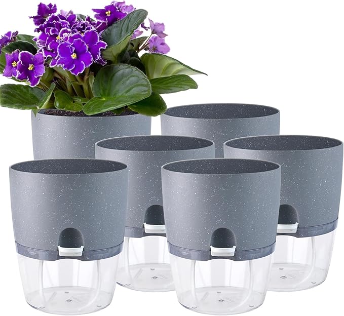 6 Inch Self Watering Pots for Indoor Plants, 6 Pack Grey Plastic Flower Pots by Oliz
