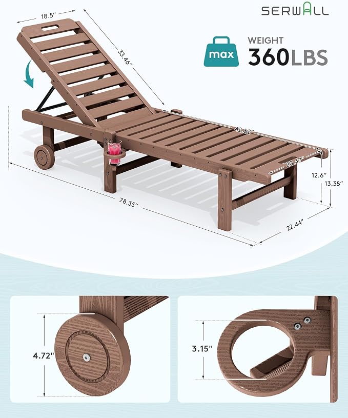 SERWALL Outdoor Chaise Lounge Set of 2, All-Weather HDPE Pool Lounge Chairs - Image 2