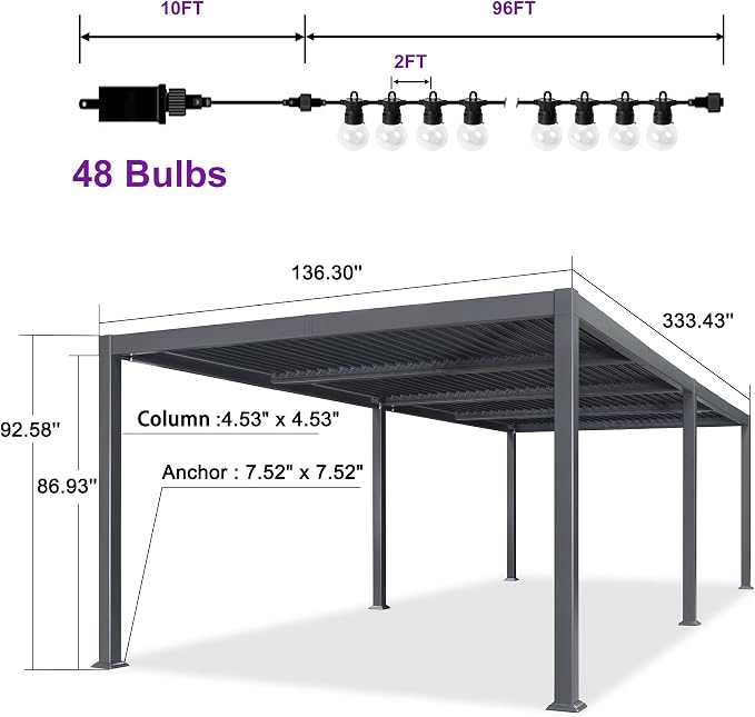 PURPLE LEAF Louvered Pergola w/Light 11' x 28' Aluminum Outdoor Pergola - Image 9