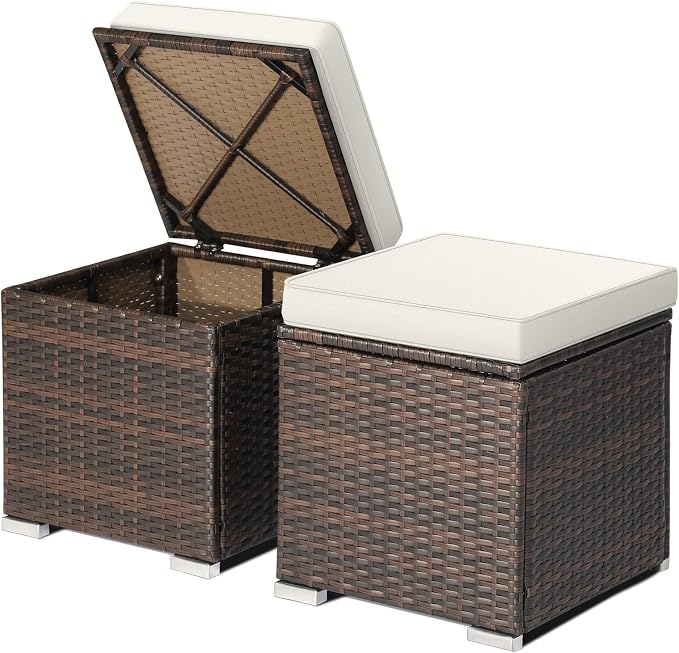 DORTALA Outdoor Storage Ottoman Wicker 2 Piece, Patio Ottomans PE Rattan Foot by DORTALA