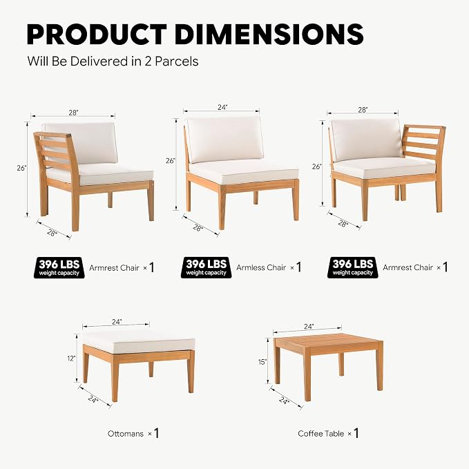 5-Piece Acacia Wood Patio Sectional Set, L-Shaped Outdoor Sofa Garden Couch - Image 2