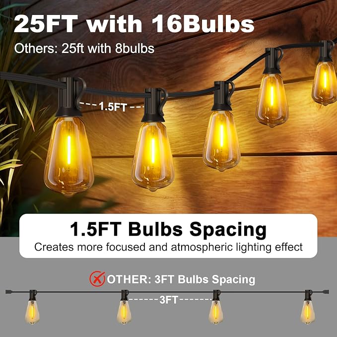 25FT Solar String Lights with 16+1 LED Bulbs, Patio String Lights Whith Remote - Image 2