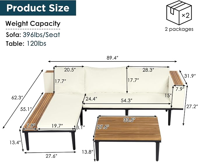 Acacia Wood Patio Furniture Set, Luxury Outdoor Conversation Sectional Sofa - Image 2