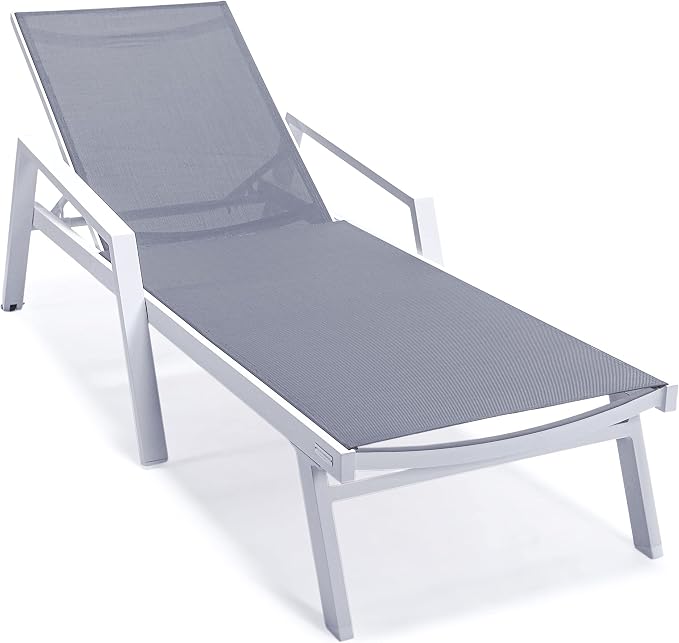LeisureMod Marlin Patio Chaise Lounge Chair, Adjustable Outdoor White Aluminum by LeisureMod