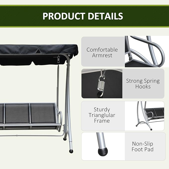 Outsunny 3-Seat Outdoor Porch Swing Chair, Patio Swing Glider - Image 5