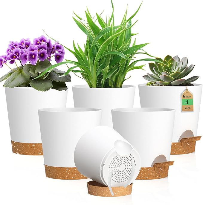 4 inch Self Watering Pots for Indoor Outdoor Plants, 6 Pack Plastic Flower by WSMKSZ