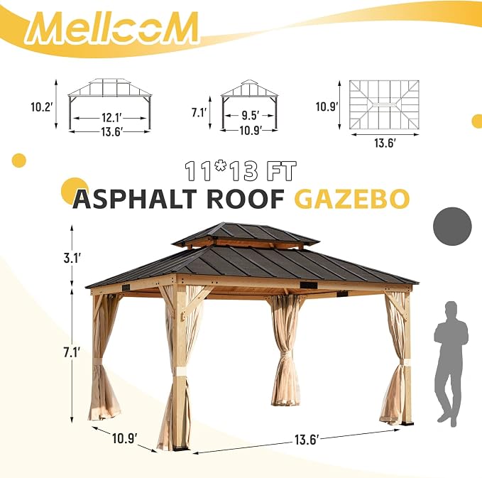 MELLCOM 11'x13' Asphalt Hardtop Gazebo, Spruce Wood Double Roof Gazebos - Image 3