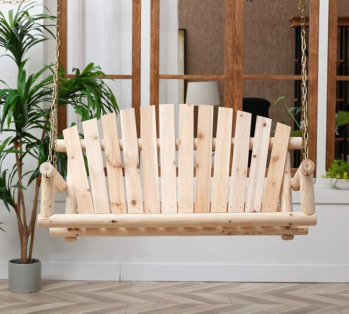 Wooden Porch Swing Outdoor Bench Swing Chair 2-Seater W/Hanging Chains - Image 2