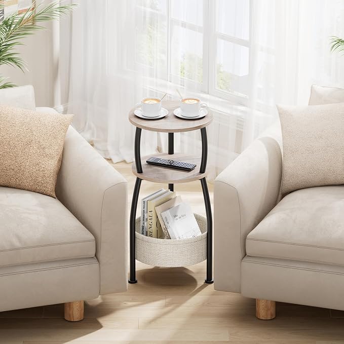 Round Side Table with Storage Basket –Small Space Saving End Table 3-Tier - Image 2