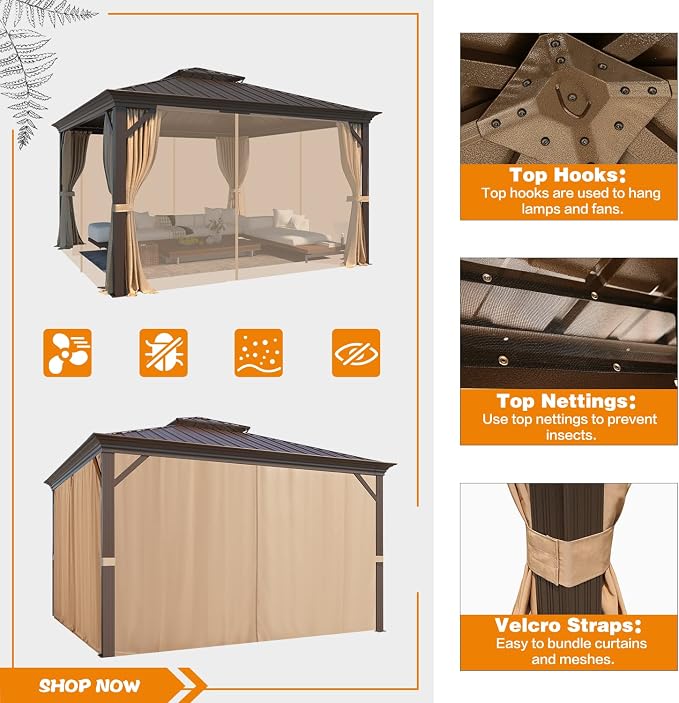 EROMMY 12' x 12' Gazebo Hardtop Double Roof Galvanized Steel Gazebos - Image 5