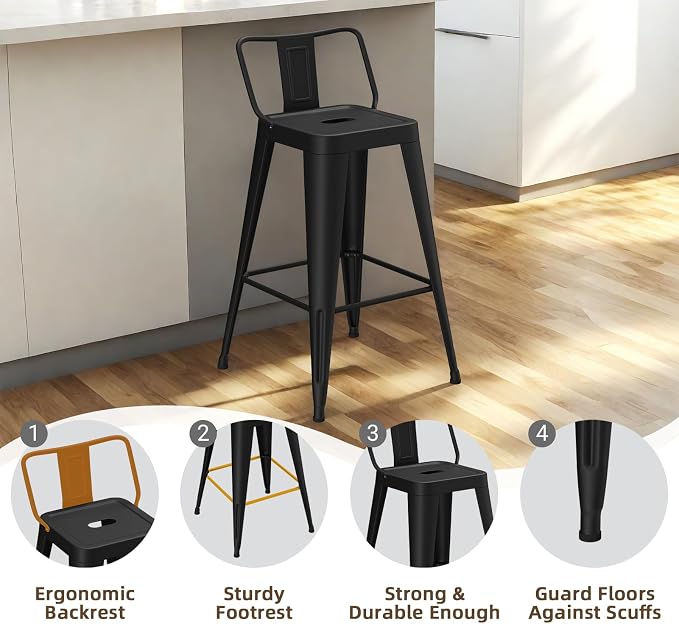 Metal Bar Stools Set of 4, Counter Height Bar Stools - Image 4