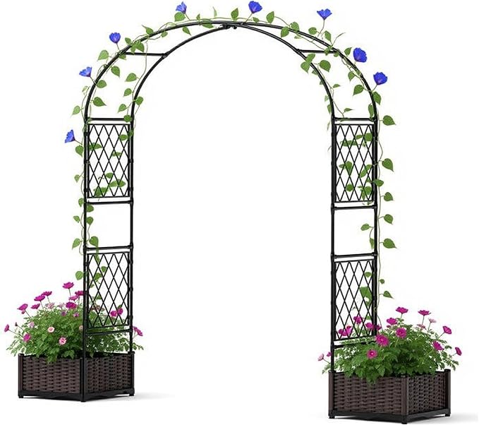 90.5" Garden Arbor with 2 Planter Boxes | PE-Coated Metal Arch Trellis by Unknown