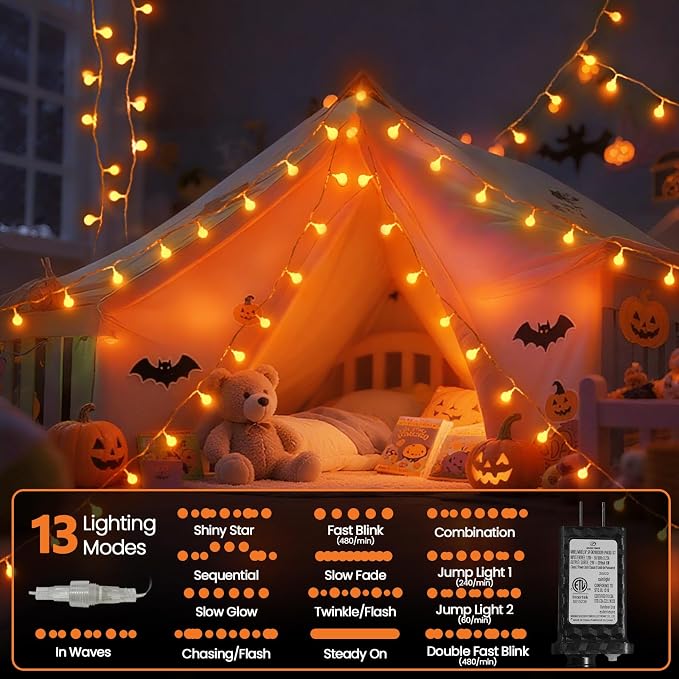 LORRYTE Connectable Orange Halloween Lights Outdoor Indoor - 43FT 100LED Globe - Image 4