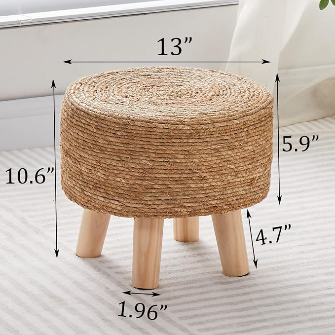 Wimarsbon Round Foot Stool Natural Seagrass Poufs Ottoman Hand Weave Footrest - Image 3