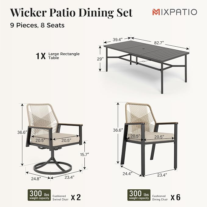 9 Pieces Outdoor Patio Dining Set, Wicker Patio Table and Chairs Set of 8 - Image 6