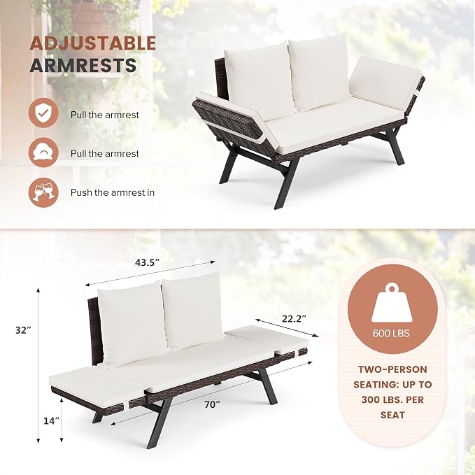 Flamaker Outdoor Convertible Sofa, Woven Rattan Patio Furniture Sunbed - Image 7