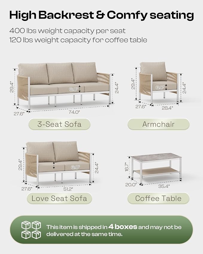 Aluminum Outdoor Sofa Armchair, HDPE Rope Patio Couch - Image 2