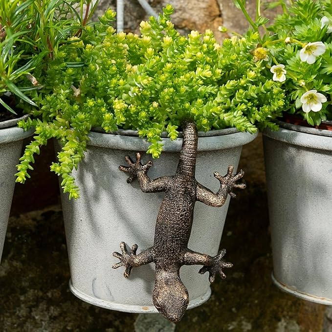 Vintage Bronze Gecko Planter Pot Hugger Flower Figurine – Resin Climbing Lizard - Image 3