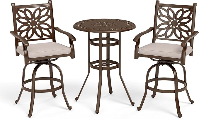 Sophia & William 3 Pieces Cast Aluminum Patio Bar Set, Round Outdoor Bar Table by SophiaWilliam