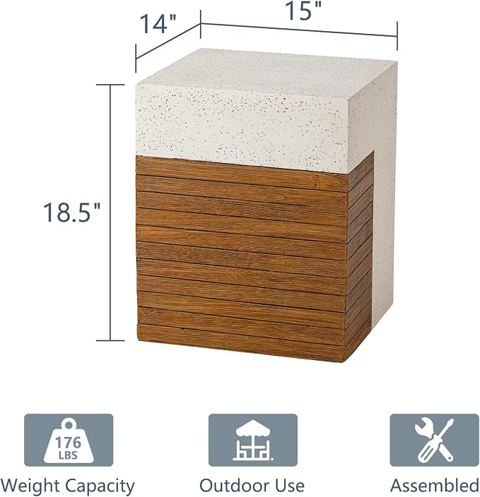 COSIEST Concrete Side Table, Rectangular Outdoor End Table w Faux Wood Design - Image 2