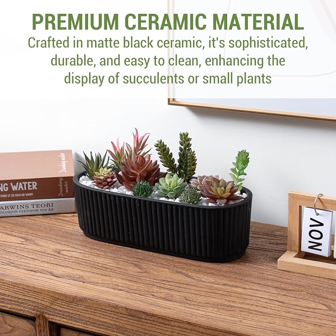 MyGift 12 Inch Ceramic Succulent Planter, Oval Matte Black Planter Pot - Image 3