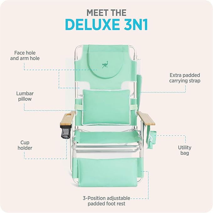 Ostrich Deluxe 3N1 Padded Beach Chair w/ Face Cushion & Arm Holes, Teal - Image 6