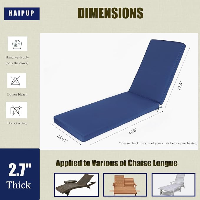 Outdoor Chaise Lounge Chair Cushions 2 Pack, Thick Waterproof Patio Pool Lounge - Image 4
