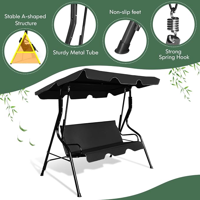 Porch Swing Outdoor, 3 Person Patio Swing w/Removable Cushion, Stand & - Image 6