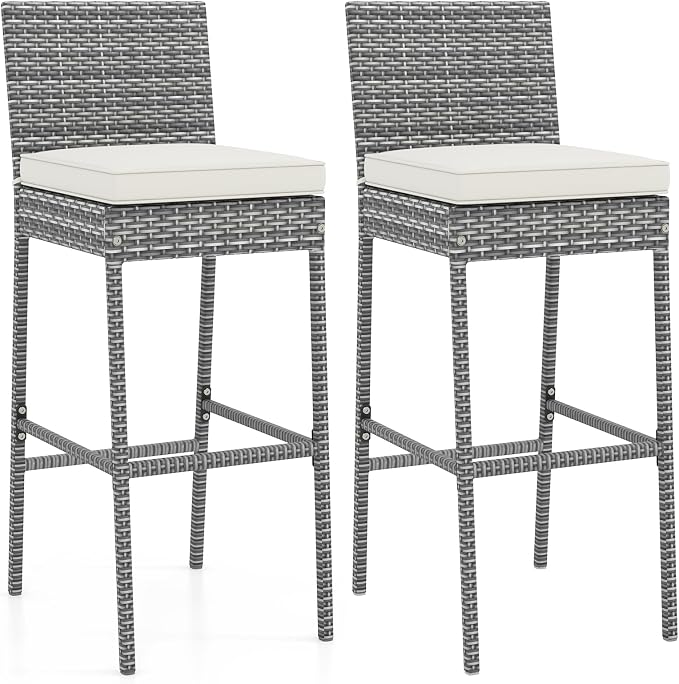 COSTWAY Outdoor Wicker Bar Stools Set of 2, Footrest and Backrest, Rattan by COSTWAY