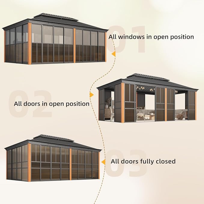 EROMMY 12' X 20' Hardtop Sunroom, Galvanized Steel Double Roof Gazebo Solarium - Image 7