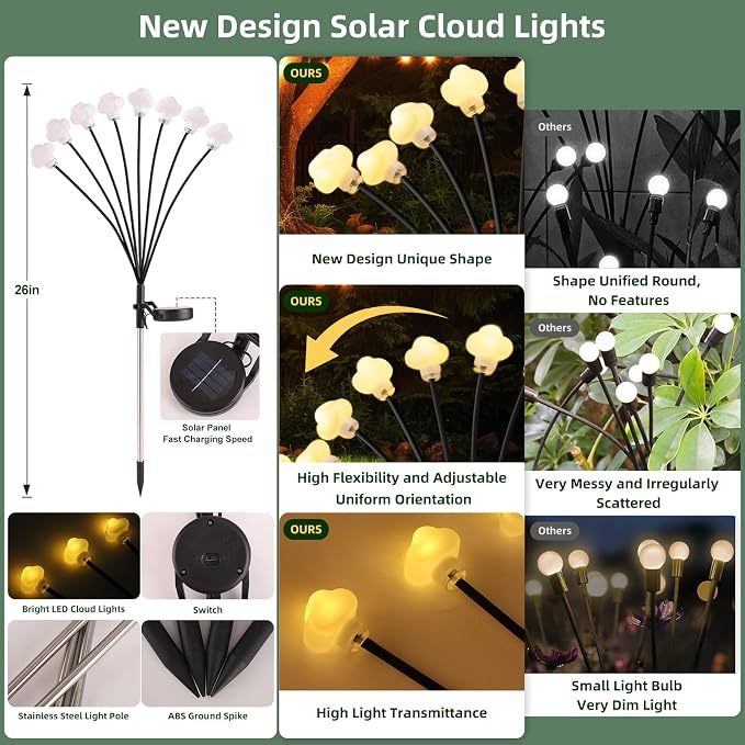 Solar Lights Outdoor 4 Pack 32 LED Solar Cloud Swaying Lights Garden Waterproof - Image 2