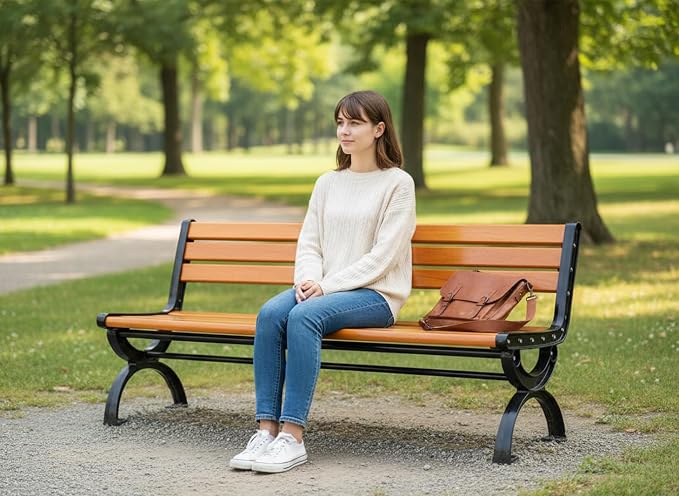 Outdoor Benches Cast Aluminum Preservative Wood 67IN Patio Garden Bench Perfect - Image 3