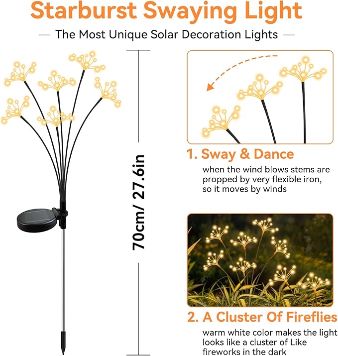 JJGoo Solar Garden Lights, New Upgraded 2 Pack Solar Swaying Starburst Light - Image 2