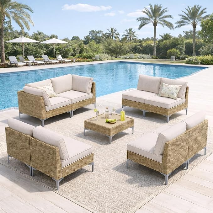 9-Piece Patio Furniture Set, Outdoor Wicker Sectional Sofa - Image 6