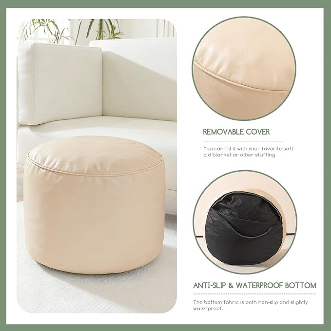 HIGOGOGO Round Stuffed Pouf Ottoman, Pu Leather Poufs - Image 5