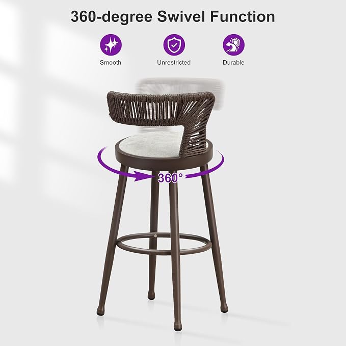 PURPLE LEAF Outdoor Swivel Bar Height Stools Set of 2 Metal Modern Wicker Bar - Image 4