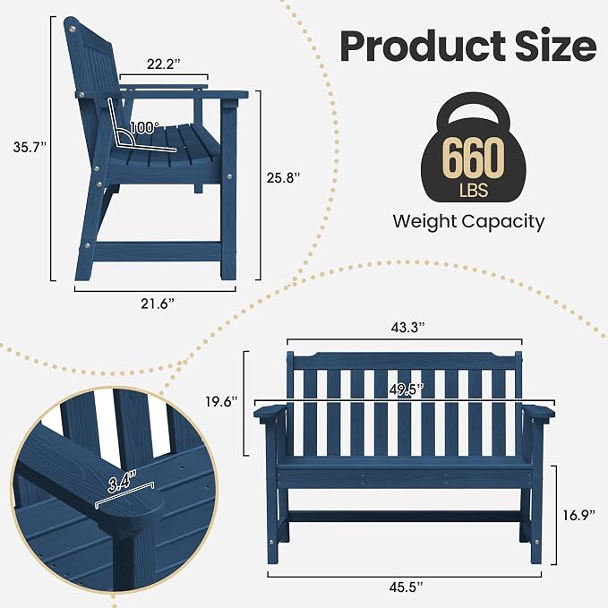 Ciokea 49" Heavy Duty Outdoor Bench Set of 2, HDPE Weatherproof Garden Bench - Image 2