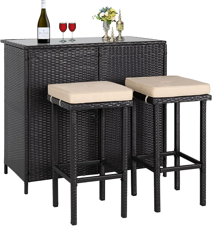 Crownland 3-Piece Wicker Patio Outdoor Bar Set, 2 Stools and 1 Glass Top Table - Image 2