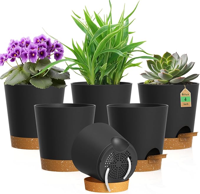 4 inch Self Watering Pots for Indoor Outdoor Plants, 6 Pack Plastic Flower by WSMKSZ
