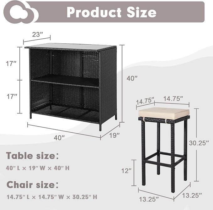 Crownland 3-Piece Wicker Outdoor Furniture Bar Set, 2 Stools and 1 Glass Top - Image 6