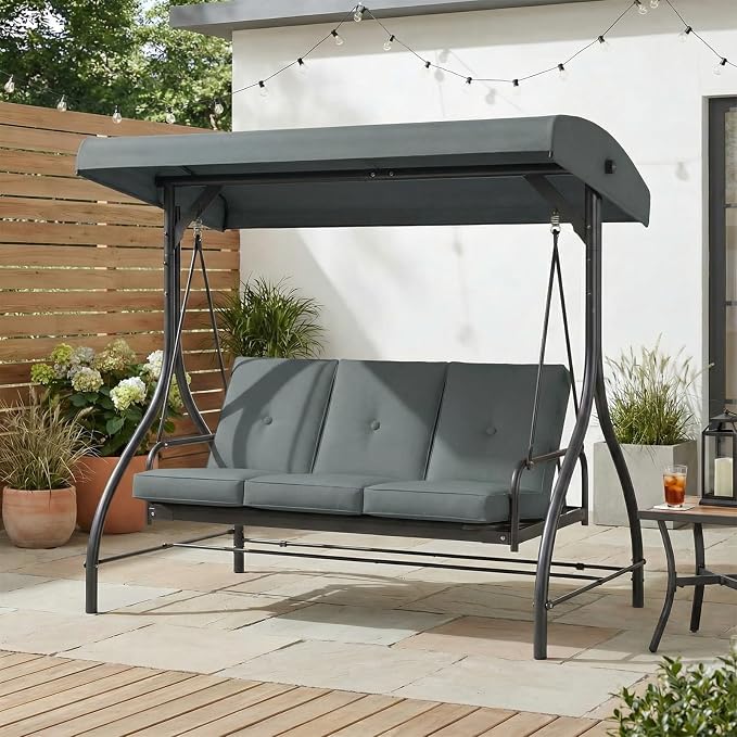 MAMIZO 3-Seat Patio Swing with Adjustable Canopy & Backrest, Outdoor Porch - Image 8