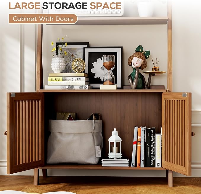 Bookcase with Drawers, 4-Tier Bamboo Bookshelf Ladder Shelf with 6 Hooks - Image 6