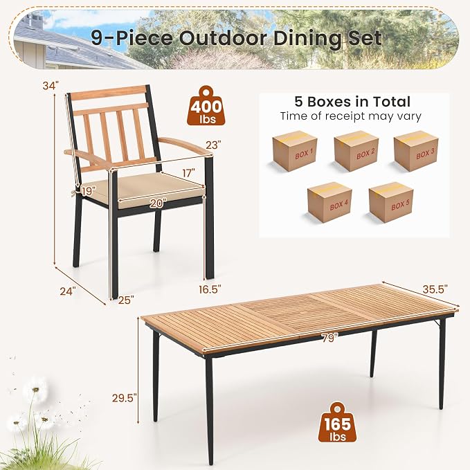 Tangkula 9-Piece Patio Dining Set, Outdoor Acacia Wood Dining Furniture Set - Image 4